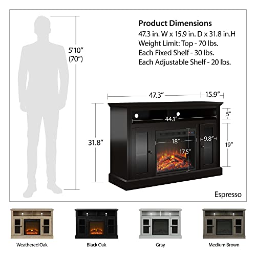 Ameriwood Home Chicago Fireplace TV Stand for TVs up to 50 Inch, Replaceable Electric Fireplace Insert Heater, Realistic Log and Flame Effect, For Living Room or Bedroom, Espresso