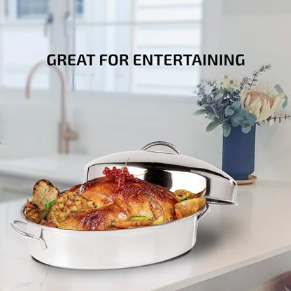 OVENTE Oval Stainless Steel Roasting Pan, 16” Oven Roaster and Baking Tray with Lid & Flat Rack, Nonstick Bakeware Dish Ideal for Cooking Turkey, Roasted Chicken, Beef or Veggies, Silver CWR32161S