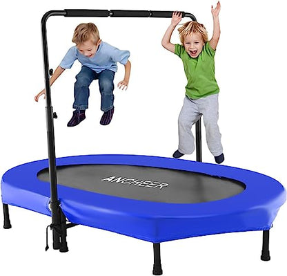 ANCHEER Mini Trampoline for Kids Indoor, Double Kids Trampoline with Adjustable Center Handlebar, 56"X36" Rebounder Trampoline Foldable, Max Load 220 LBS,Blue