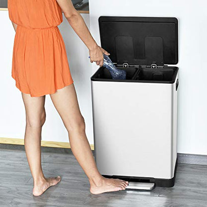 ToiletTree Products Stainless Steel 16 Gallon Trash Can - Durable Dual Trash Can for Garbage and Recycling - Stainless Steel Trash Bin for Household Cleaning - White