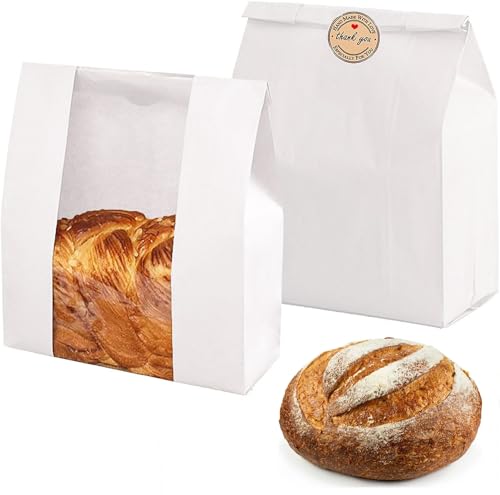 25Pcs Large Paper Bread Bags for Homemade Bread Sourdough Loaf Bread Bags with Stickers Bread Gifting Bags with Window Paper Bags for Bread Packing Storage (13.7 * 8.2 * 3.5 in)