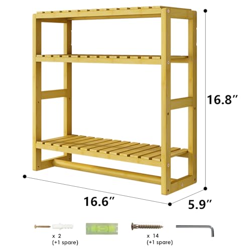Bamboo Floating Shelves Bathroom Storage 3-Tier - Multifunctional Adjustable Over Toilet Rack Bathroom Organizer for Space-Saving Wall Mount Storage Used in The Kitchen/Living Room(Bamboo)