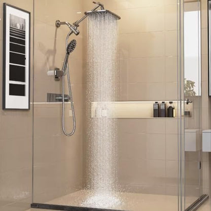 Veken 12 Inch High Pressure Rain Shower Head Combo with Extension Arm- Wide Rainfall Showerhead with 6 Handheld Water Spray - Adjustable Dual Showerhead with Anti-Clog Nozzles - Silver Chrome