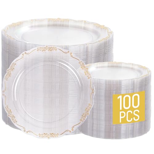 100 Count Gold Rim Disposable Plastic Plates Set