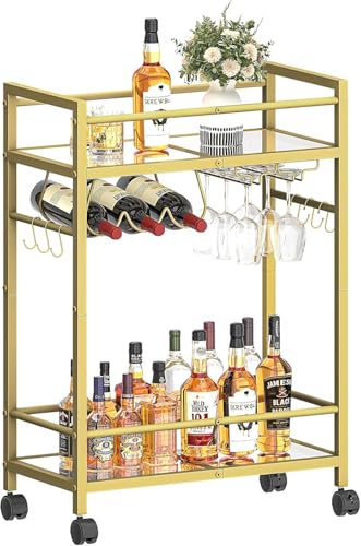 Lifenite Mirrored Shelf Rolling Bar Cart with Wine Rack