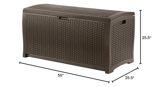 Suncast DBW9200 99 Gallon Outdoor Wicker Plastic Patio Storage Chest Bin with Handles for Patio, Garden, Garage, or Pool for All Weather, Mocha