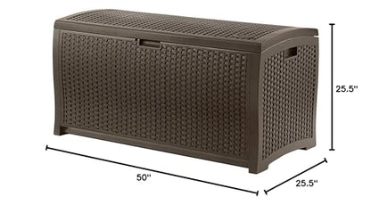 Suncast DBW9200 99 Gallon Outdoor Wicker Plastic Patio Storage Chest Bin with Handles for Patio, Garden, Garage, or Pool for All Weather, Mocha