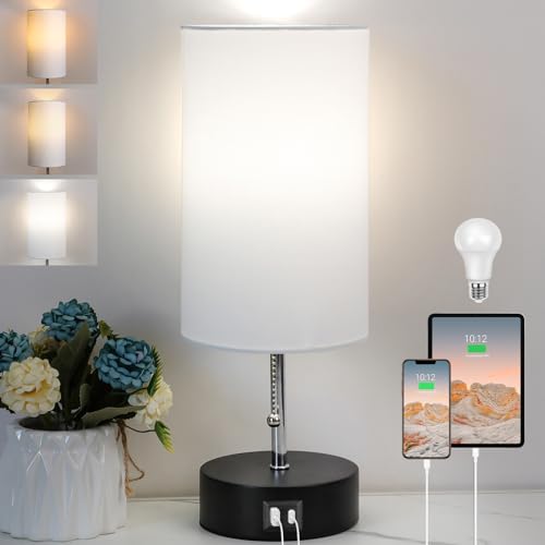 Bedside Lamp with USB A and C Ports, LED Bulb