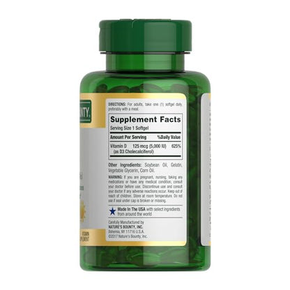 Nature's Bounty Vitamin D3, Immune Support, 125 mcg (5000iu), Rapid Release Softgels, 240 Ct