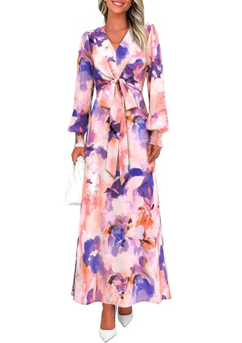 Boho Maxi Dress Floral Long Sleeve V Neck Belted
