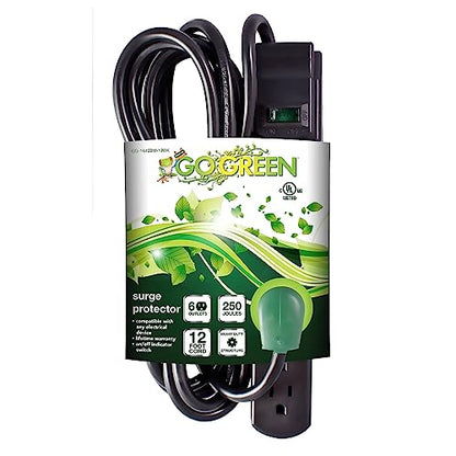 GoGreen Power (GG-16103M-12BK) 6 Outlet Surge Protector, 250 Joules, Black, 12ft Cord