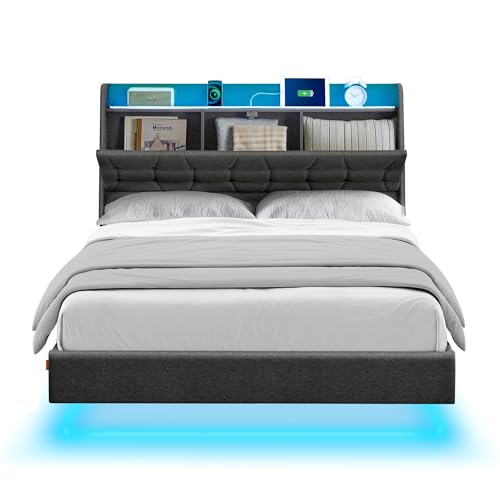 Full Size Floating Bed Frame with LED and Storage