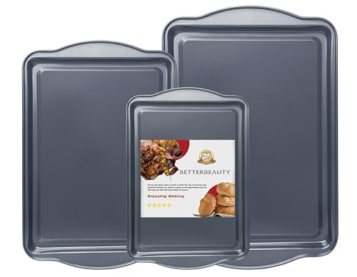 BETTERBEAUTY Cookie Sheets for Baking, Nonstick Banking Pans Set of 3 with Wide Edge, Half/Jelly Roll/Quarter Baking Tray, Dishwasher Safe Easy Clean for Kitchen Oven Pan Bakeware Set