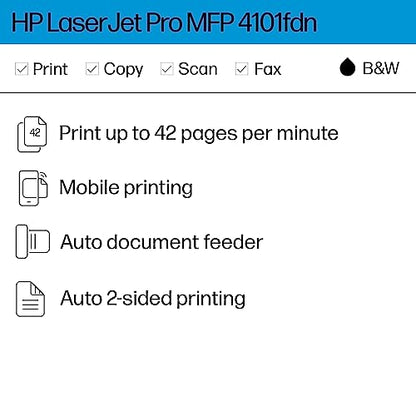 HP LaserJet Pro MFP 4101fdn Printer, Print, scan, copy, fax, Fast speeds, Easy setup, Mobile printing, Advanced security, Best for small teams, Ethernet/USB only