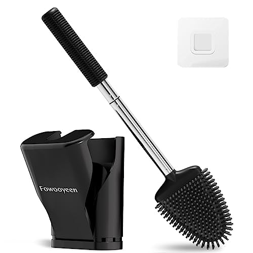 Fowooyeen Silicone Toilet Brush and Holder Set, Automatic Toilet Bowl Brushes with Ventilation Slots Base for Bathroom Black