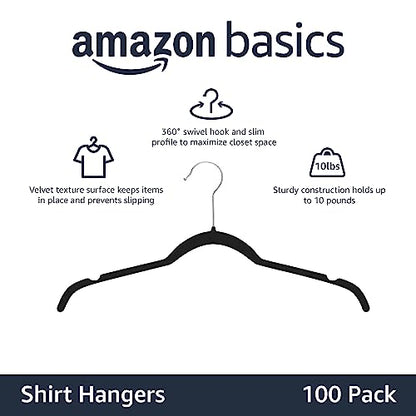 Amazon Basics Slim, Velvet, Non-Slip Shirt Clothes Hangers, Black/Silver - Pack of 100