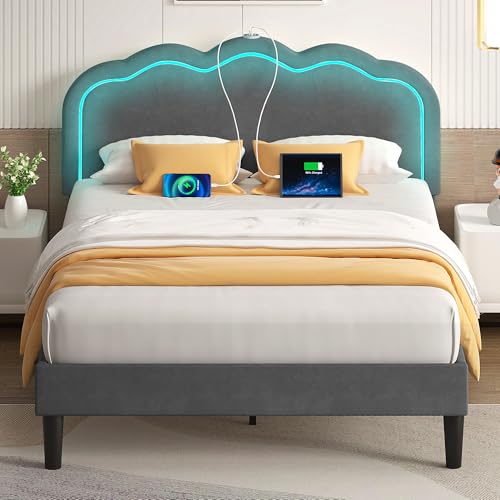 VECELO Full Bed Frame with LED Headboard USB