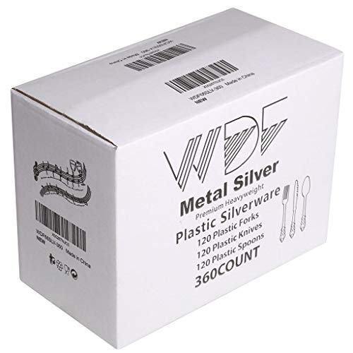 WDF 360 Pieces Silver Plastic Silverware- Disposable Flatware - Heavyweight Plastic Cutlery- Includes 120 Forks, 120 Spoons, 120 Knives