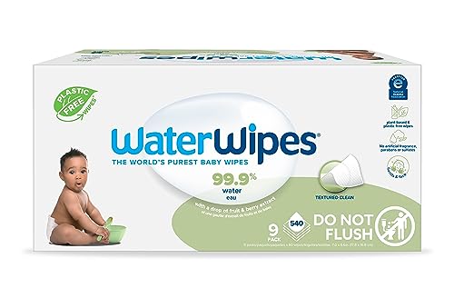 WaterWipes Plastic-Free Textured Clean, Toddler & Baby Wipes, 99.9% Water Based Wipes, Unscented & Hypoallergenic for Sensitive Skin, 540 Count (9 packs), Packaging May Vary