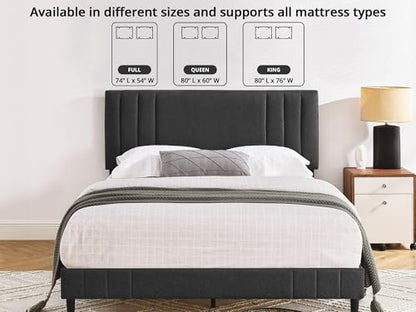 Decoro Chicago Modern Upholstered Platform Bed Frame, Tufted Headboard & Wooden Bed Frame, Wood Slats Support, Bed Frame No Box Spring Needed, Lightweight, Durable, Easy Assembly - Dark Grey, Queen