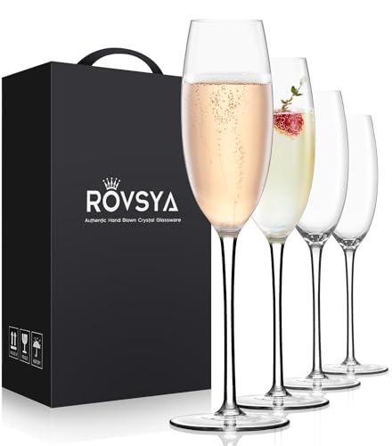 AOOE Champagne Flutes Glass Set of 4 -Hand Blown Champagne Glasses-Lead-Free Premium Crystal - Gift for Wedding, Anniversary, Christmas, Brithday-6.5oz, Clear