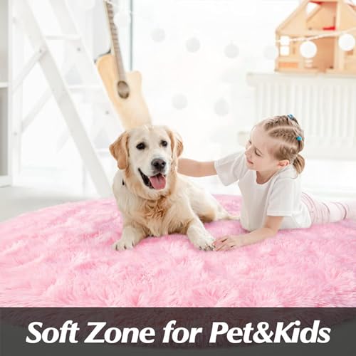 OLANLY Pink Round Rugs for Bedroom - Machine Washable, 4x4 Feet Circle Area Rugs for Living Room, Soft and Fluffy Shaggy Carpet for Teen Girls and Boys, Dorms, Nursery Rooms, Home Decor Aesthetic