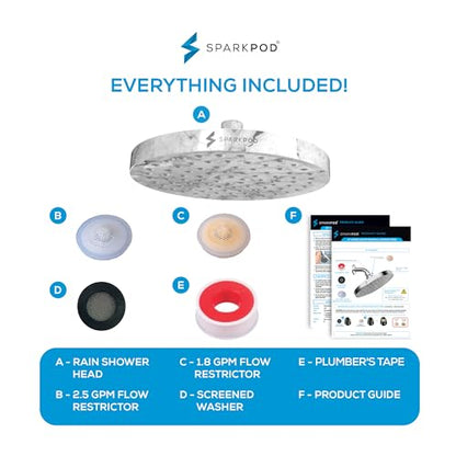 SparkPod Shower Head - High Pressure Rain - Premium Quality Luxury Design - 1-Min Install - Easy Clean Adjustable Replacement for Your Bathroom Shower Heads (8" Round, White Marble)
