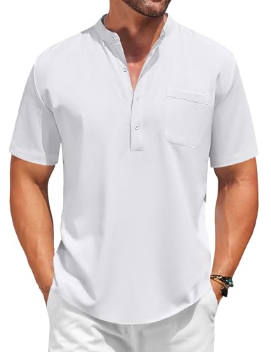 Men's Linen Short Sleeve Henley Collarless Casual Shirt
