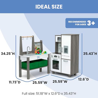 Delta Children Gourmet All-in-One Corner Play Kitchen - Toy Kitchen Playset with Safe & Heatless Stove with Lights, Oven, Sink, Fridge/Freezer with Ice Maker and 20 Accessories, Natural/White