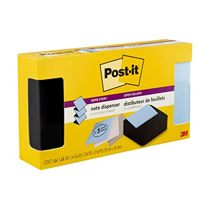Post-it Note Dispenser, Modern Black, Pack includes Dispenser and 3 Super Sticky Pop-up Sticky Notes Pads, 2X The Sticking Power (WAVE-330-BKVP)