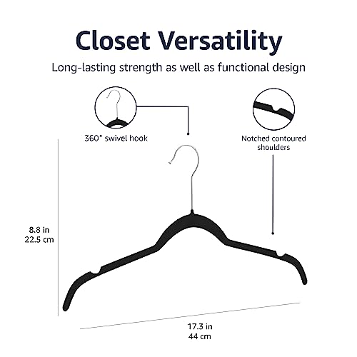 Amazon Basics Slim, Velvet, Non-Slip Shirt Clothes Hangers, Black/Silver - Pack of 100