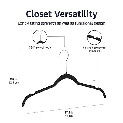 Amazon Basics Slim, Velvet, Non-Slip Shirt Clothes Hangers, Black/Silver - Pack of 100