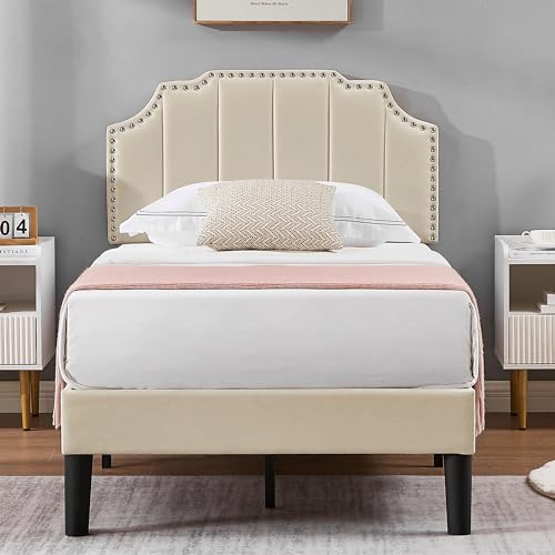 Twin Upholstered Platform Bed Frame with Headboard