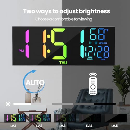 MEISD Digital Wall Clock, 13" Large Display Alarm Clock with Remote Control, RGB Colors, Dual Alarm, Auto-Dimming,Wall Clock with Night Light, Auto DST, Date Week,Temperature for Living Room, Bedroom