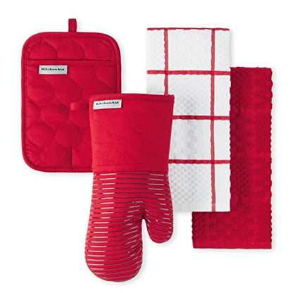 KitchenAid Quilted Cotton Terry Cloth Oven Mitt, Pot Holder Heat Resistant, 16"x26", 7"x13" & 7"x10", Passion Red