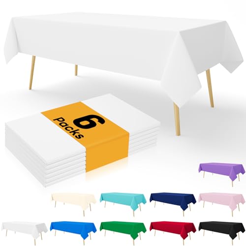 smiry Disposable Table Cloth - 6 Pack, 54 x 108 Inch Table Cloths for Parties, Decorative Tablecloths for Rectangle Tables, Waterproof Plastic Table Cover, Leakproof & Sturdy, White