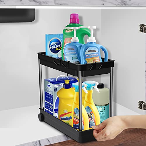 [Upgrade Wheels] Durmmur 2 Packs Under Sink Organizers and Storage, Multi-Purpose 2 Tier Bathroom Organization Countertop or Undersink Shelf, Kitchen Under Cabinet Container Basket Caddy
