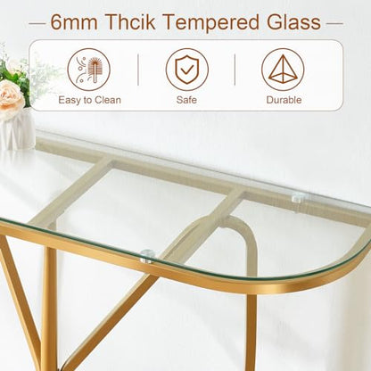 HOMISSUE Console Table, Modern Console Table with Tempered Glass Top and Metal Frame, Glass Entryway Table with Marbled MDF Base, Console Table for Entryway, Hallway, Living Room (Gold&Clear Glass)