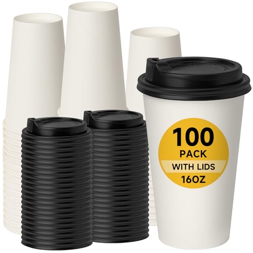 100 Pack Disposable 16 oz Coffee Cups with Lids