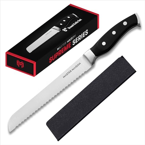 Master Maison 8" Professional Stainless Steel Bread Knife Set - Bread Knife, Bagel Knife, Kitchen Knife, Sharp Knife Blade - Bread Knife & Knife Sheath Included - Great for Home & Professional Use