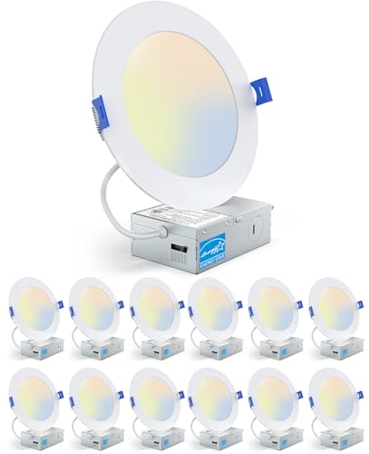 PAZZO 12 Pack 6 Inch LED Recessed Ceiling Light, 5CCT 1100LM High Brightness, Dimmable Canless Wafer Downlight, ETL and Energy Star Certified, 12W, Junction Box Included