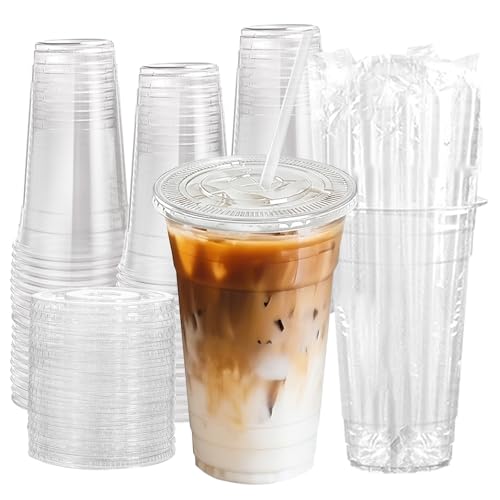 100 Pack 24oz Plastic Cups with Lids and Straws