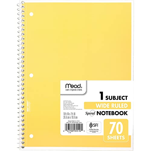 Mead Spiral Notebook, 1 Subject, Wide Ruled Paper, 70 Sheets, 10-1/2" x 7-1/2", Assorted Color (05510)