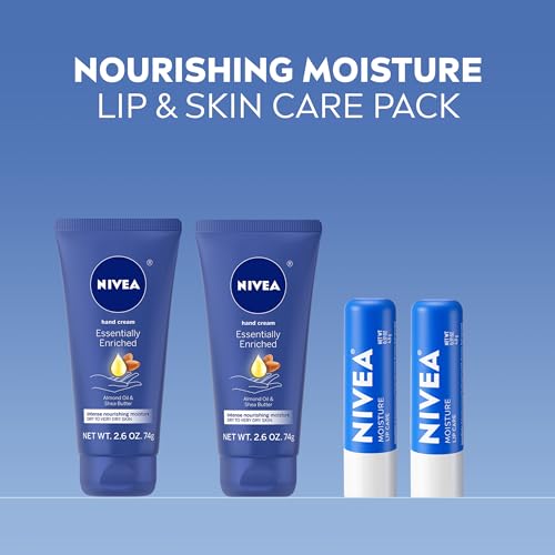 NIVEA Moisturizing Must-Haves Skin Care Set, Essentially Enriched Hand Cream with Almond Oil and Shea Butter, 2.6 Oz Tube (Pack of 2) + Moisture Lip Care Lip Balm, 0.17 Oz Stick (Pack of 2)