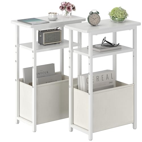 2 Pack Narrow Side Tables with Storage Baskets