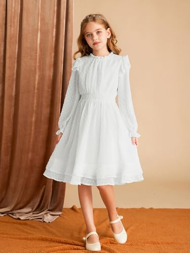 GRACE KARIN Girls Casual Long Sleeve Dress Round Neck Ruffles Double Layer Hem Swiss Dot Girls Dress with Elastic Waist Beige 8Y