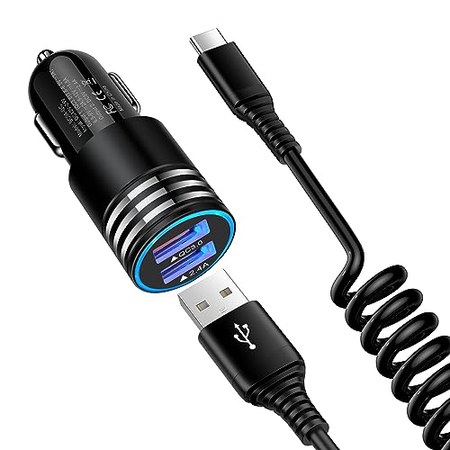 30W QC3.0 Android Car Phone Charger C Type USB C Car Adapter Plug with 3FT Android Auto Coiled USB C Cable Fast Charging for Samsung Galaxy A05S/A54/A34/A33/A14/A53/A13/A03S/A23/A24/S23 S22 Ultra/S23+