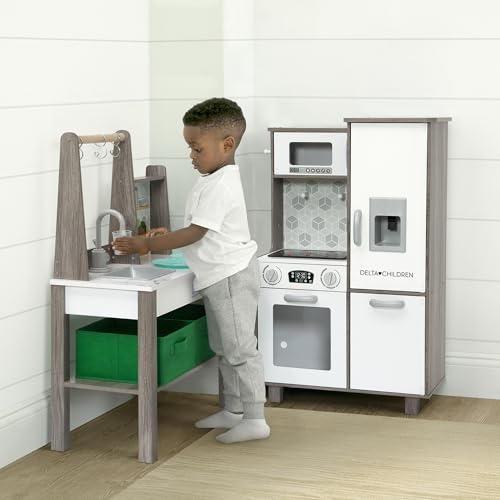 Delta Children Gourmet All-in-One Corner Play Kitchen - Toy Kitchen Playset with Safe & Heatless Stove with Lights, Oven, Sink, Fridge/Freezer with Ice Maker and 20 Accessories, Natural/White