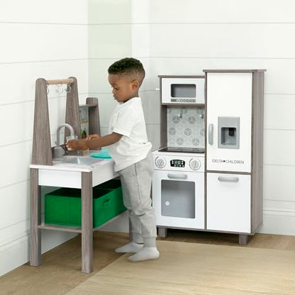 Delta Children Gourmet All-in-One Corner Play Kitchen - Toy Kitchen Playset with Safe & Heatless Stove with Lights, Oven, Sink, Fridge/Freezer with Ice Maker and 20 Accessories, Natural/White