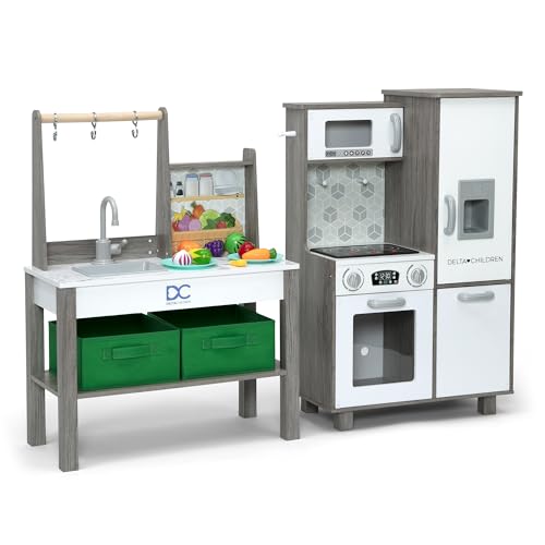 Delta Children Gourmet All-in-One Corner Play Kitchen - Toy Kitchen Playset with Safe & Heatless Stove with Lights, Oven, Sink, Fridge/Freezer with Ice Maker and 20 Accessories, Natural/White